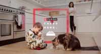 young boy and puppy eating purina food in kitchen.