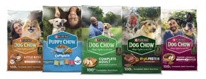 A lineup shows a variety of Purina Dog Chow dry dog food.