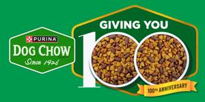 The left side of the image show the Purina Dog Chow logo. The rightside show a green and gold badge with text that reads "giving you 100 anniversary." The zeros in 100 are bowls of dry dog food kibble.