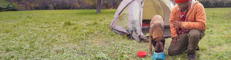 dog and owner in front of tent while dog eats purina food