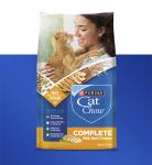 A bag of Purina Cat Chow Complete Chicken with a blue rectangle background