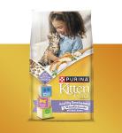 A bag of Purina Kitten Chow with a yellow rectangle background