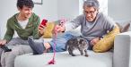 A human and their child using a cat toy to play with their kitten.
