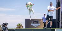dog performing dock diving event