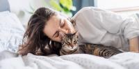 person laying on bed kissing a grey striped cat