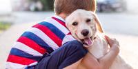 A small boy hugging a smiling puppy