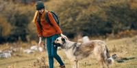 person in hiking clothes walking with dog