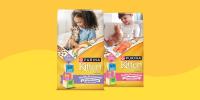 Bags of Purina Kitten Chow with Real Chicken and Real Salmon sit on a yellow swirled background