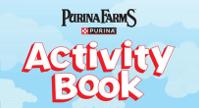 Purina farms logo and "Activity Book" typography over blue sky with clouds