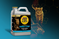 Contenedor de arena para gatos Purina Tidy Cats Performance+ Power Clump con visual de formación de grumos fuertes y gato cerca de la pala de arena