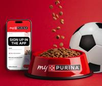 Bowl of dog food with soccer ball and promotion