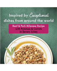 Inspirado en platos excepcionales de todo el mundo. Receta de milanesa de carne de res y cerdo con papas y zanahorias en jugos sabrosos