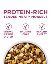 Ingrediente número 1, pollo real. Natural con vitaminas, minerales y nutrientes añadidos.