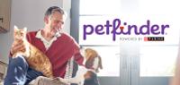 man petting a dog with a petfinder logo