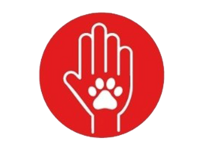 red circle with human hand and pet paw illustration on top