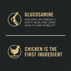 Dog food package label highlighting 'Glucosamine' and 'Chicken is the First Ingredient'