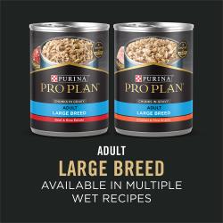 Two cans of Purina Pro Plan Adult Large Breed Beef & Rice and Chicken & Rice wet dog food