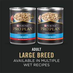 Two cans of Purina Pro Plan Adult Large Breed Beef & Rice and Chicken & Rice wet dog food