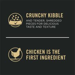 Dog food package label highlighting 'Crunchy Kibble' and 'Chicken is the First Ingredient'