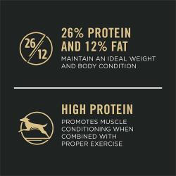 Dog food package label highlighting '26% Protein and 12% Fat' and 'High Protein'