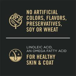 Dog food package label with No Artificial Colors, Flavors, Preservatives and Linoleic Acid