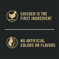 Dog food package label highlighting 'Chicken is the First Ingredient' and 'No Artificial Flavors'