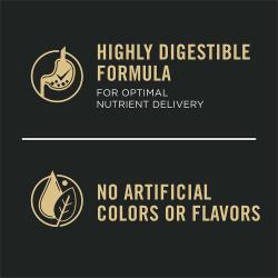 Dog food package label highlighting 'No Artificial Flavors' and 'Highly Digestible Formula'