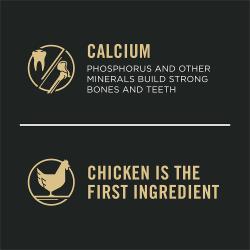 Dog food package label highlighting 'Chicken is the First Ingredient' and 'Calcium'