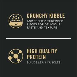 Dog food package label highlighting 'Crunchy Kibble' and 'High Quality Protein'