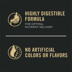 Dog food package label highlighting 'No Artificial Flavors' and 'Highly Digestible Formula'