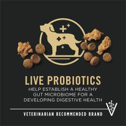 Dog food package label highlighting 'Live Probiotics' and 'Veterinarian Recommended Brand'