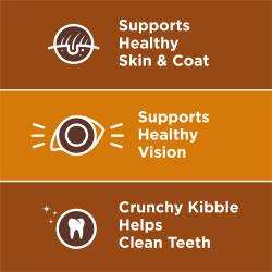 Supports healthy skin and coat, healthy vision and crunchy kibble helps clean teeth