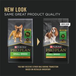 New updated packaging for Purina Pro Plan Small Breed chicken and rice dry dog food