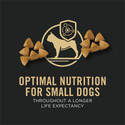 Purina Pro Plan dog food package label highlighting optimal nutrition for small dogs