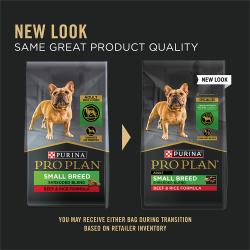 Nuevo empaque actualizado para Purina Pro Small Breed Shredded Blend carne de res y arroz alimento seco para perros.