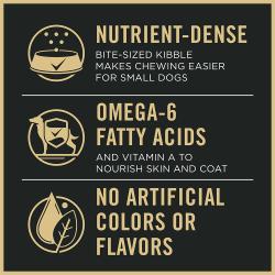 Etiqueta del paquete de alimento para perros Purina Pro Plan que destaca los ácidos grasos omega-6 y sin colores o sabores artificiales.