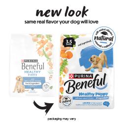 Two bags show the old and new version of packaging for Purina Beneful Healthy Puppy dry food. Text reads "New look same real flavor your dog will love. Packaging may vary."