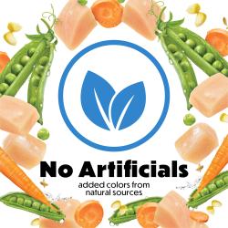 A burst of carrots, corn kernals, peas, and chicken surround a blue leaf badge. Text reads "No artificals added colors from natural sources."