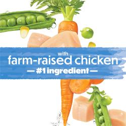 A splash blue banner shows text that reads "with farm-raised chicken #1 ingredient." Carrots, corn kernals, peas, and chicken adorn the background.