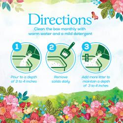 Cat litter packaging label highlighting Tidy Cats Blissful Meadow's directions for use