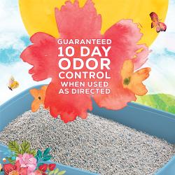 Cat litter packaging label highlighting Tidy Cats Blissful Meadow's 10 day odor control.