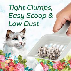 Cat litter packaging label highlighting Tidy Cats Blissful Meadow's tight clump, easy scooping, and low dust.