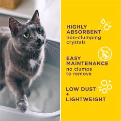 Highly absorbent non-clumping crystals, easy maintenance with no clumps to remove, low dust and lightweight.