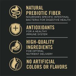 Cat food package label highlighting prebiotic fiber and high quality ingredients.