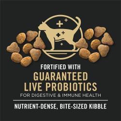 Cat food package label highlighting guaranteed live probiotics.