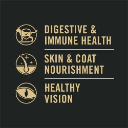 Cat food package label highlighting supporting immune health and skin and coat nourishment.