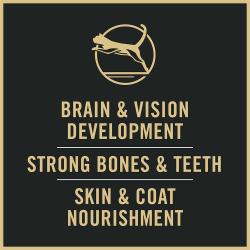 Cat food package label highlighting brain development and supports strong bones and teeth.
