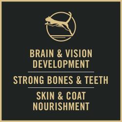 Cat food package label highlighting brain development and supports strong bones and teeth.