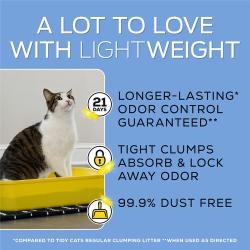A lot to love with LightWeight. Longer-lasting odor control guaranteed. Tight clumps absorb and lock away odor. 99.9% dust free
