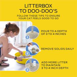Litterbox to doo-doo's. Follow these tips to ensure your cat feels good to go: 1) Pour to a depth of 3 to 4 inches; 2) Remove solids daily; 3) Add more litter to maintain 3 to 4 inch depth